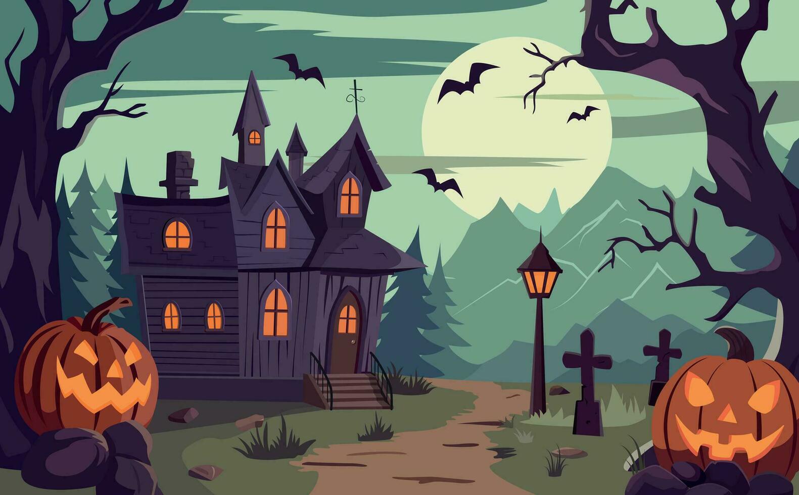 Halloween background with haunted house, full moon and pumpkin lanterns. Holiday banner design. Vector illustration