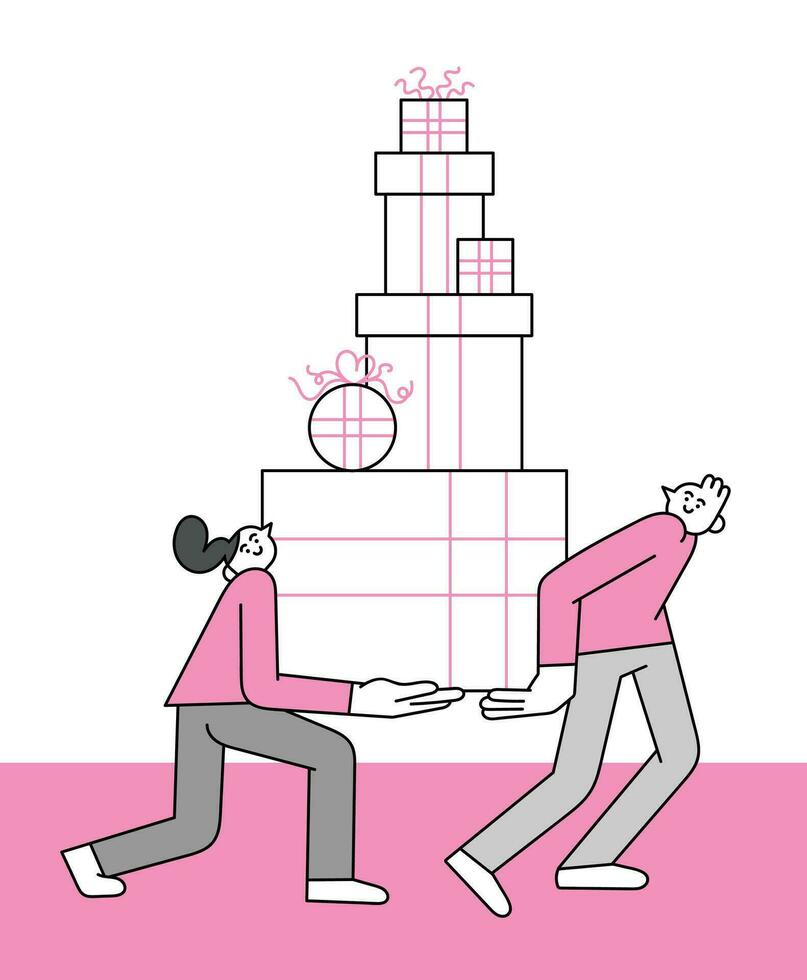 People Lifting Big Stack of Gift Box Hand Drawn Character Illustration vector