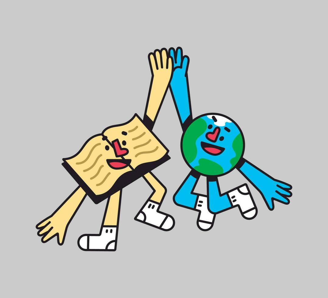 Earth and Book Doing High Five Cartoon Character vector