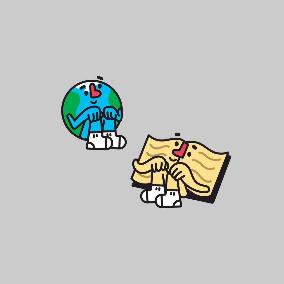 Earth and Book Sitting Awkwardly Cartoon Character vector