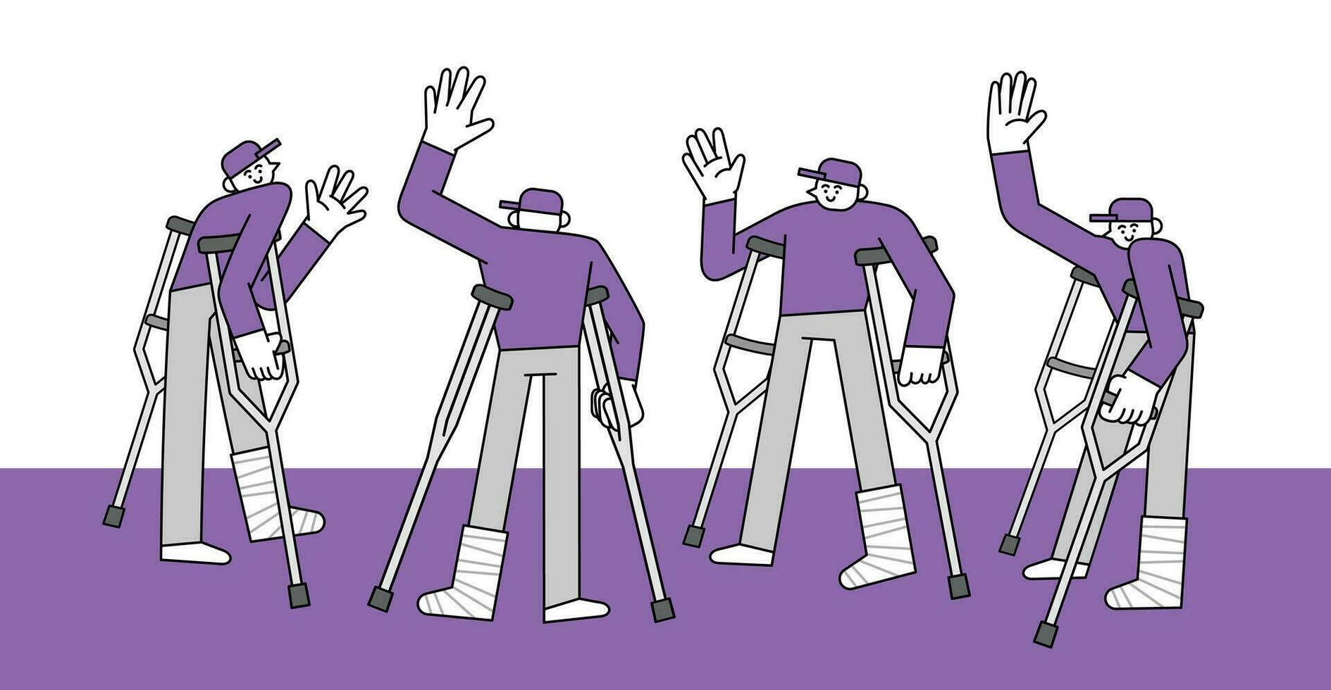 Set of Man on Crutches Waving Hand Drawn Character Illustration vector