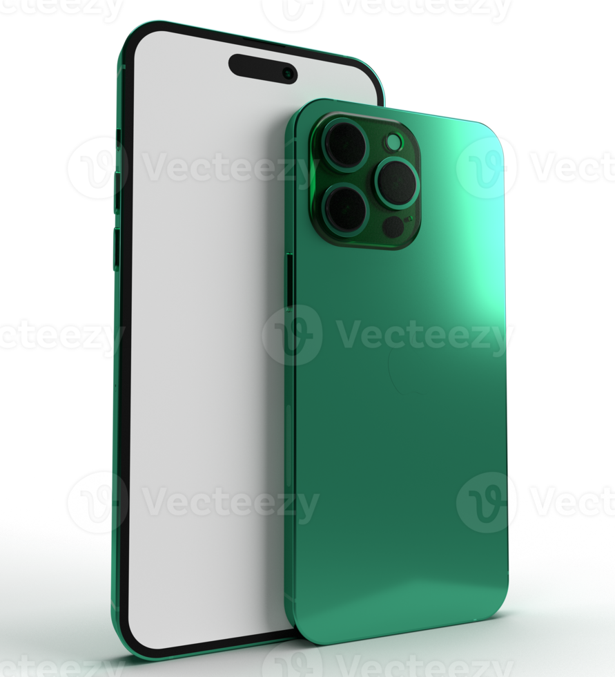 mobile smartphone cellphone green mint color front back view white isolate mock up empty blank technology industry display screen wireless internet device 15 fifteen camera frame gadget.AI Generative png