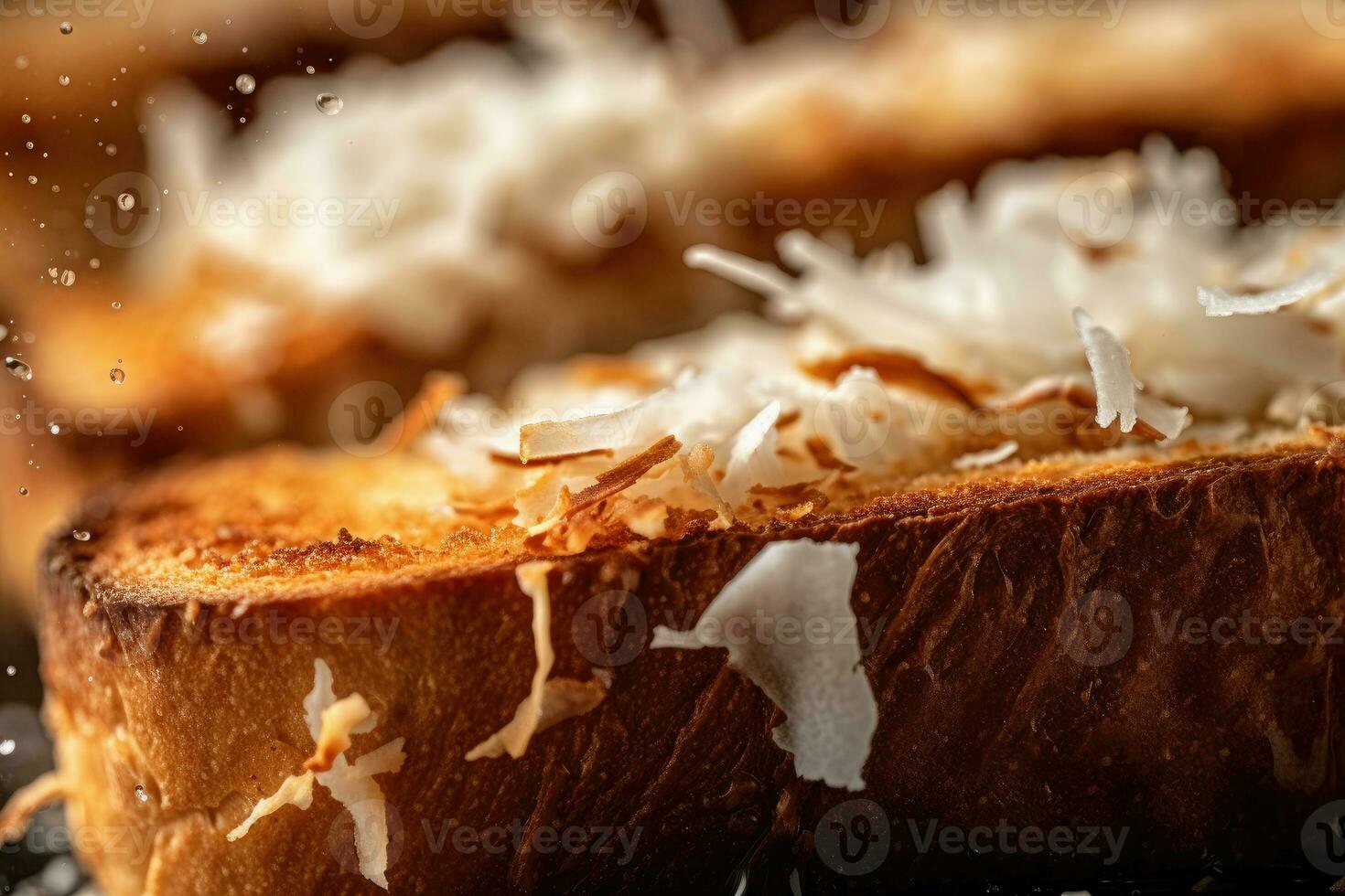 Coconut toast, macro shot of a fresh breakfast with Dripping Honey, AI Generated photo