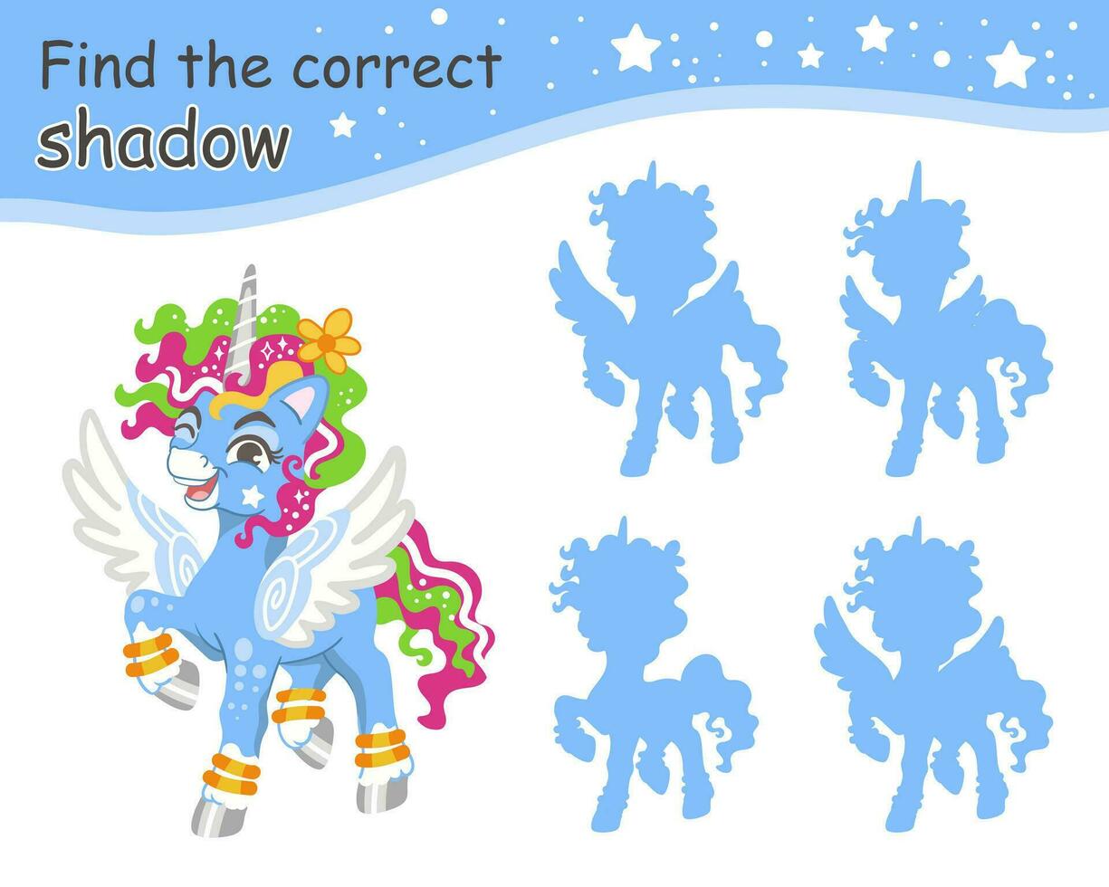 Find correct shadow magic curly unicorn blue shadows vector