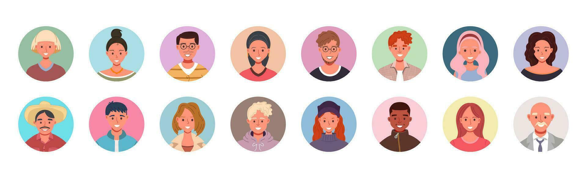 colección de personas avatares. usuario retratos en círculos masculino y hembra humano cara iconos sonriente caracteres vector ilustración.