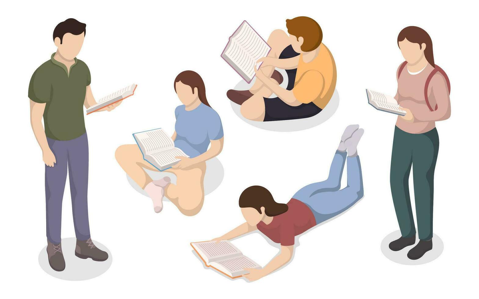 Set of reading people isometric vector illustration. Human characters standing and sitting, lying with books. Male and female self education or leisure.