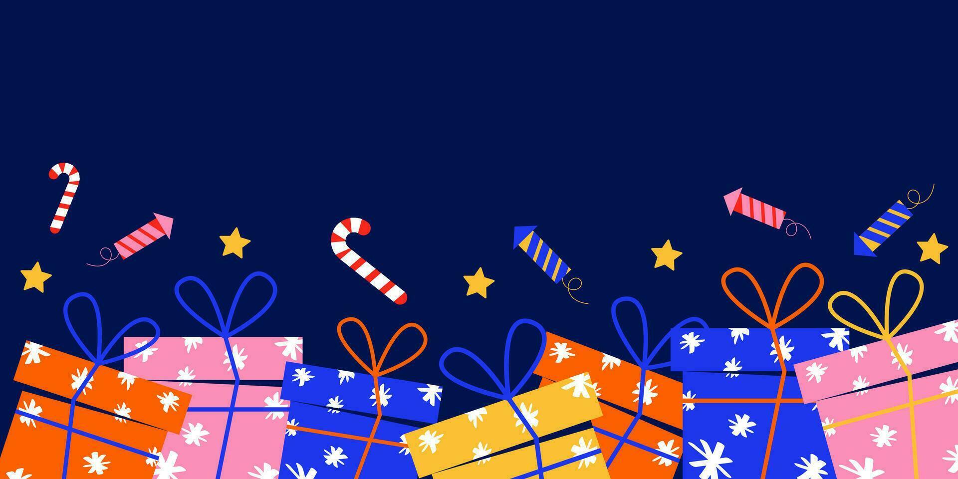 New Year background with gifts. Vector blue background with place for text. Multi-colored gifts and holiday elements. Lollipop, firecrackers, star.