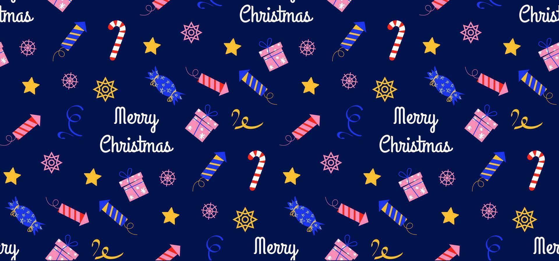 Christmas seamless background with text. Firecracker, candy cane, snowflakes, stars and other festive Christmas elements. Vector background in flat style. For printing on wrapping paper, textiles.