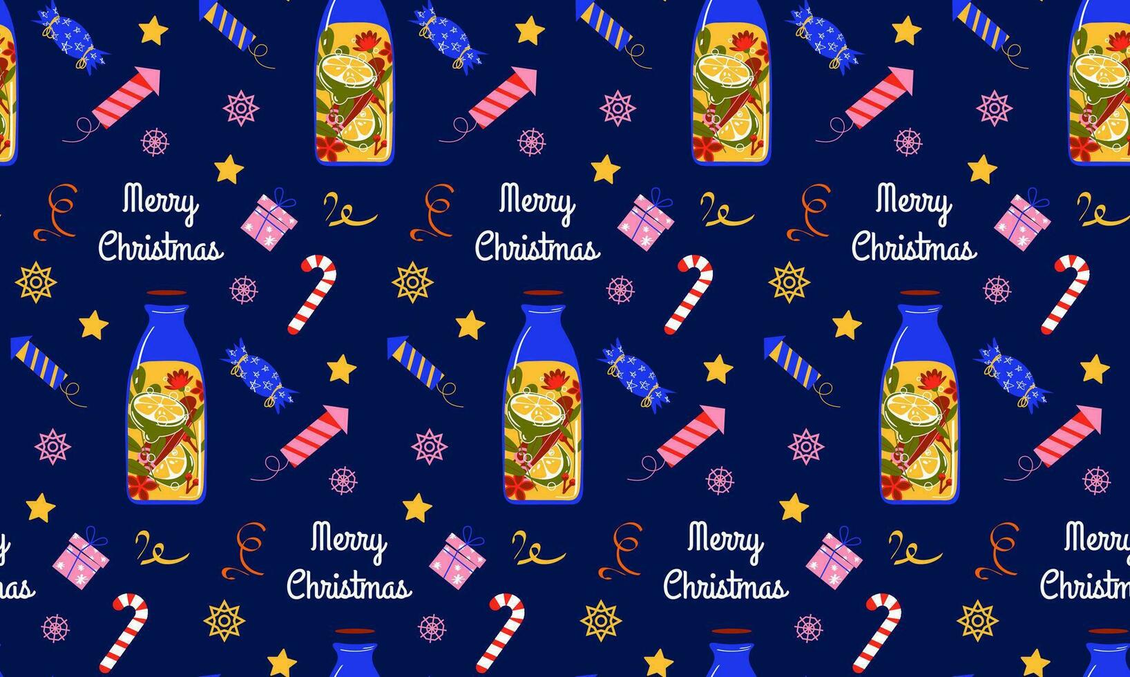 Christmas seamless pattern. Sample with winter drinks, tea with lemon and spices. Vector background in flat style. For printing on wrapping paper, textiles, wallpaper.