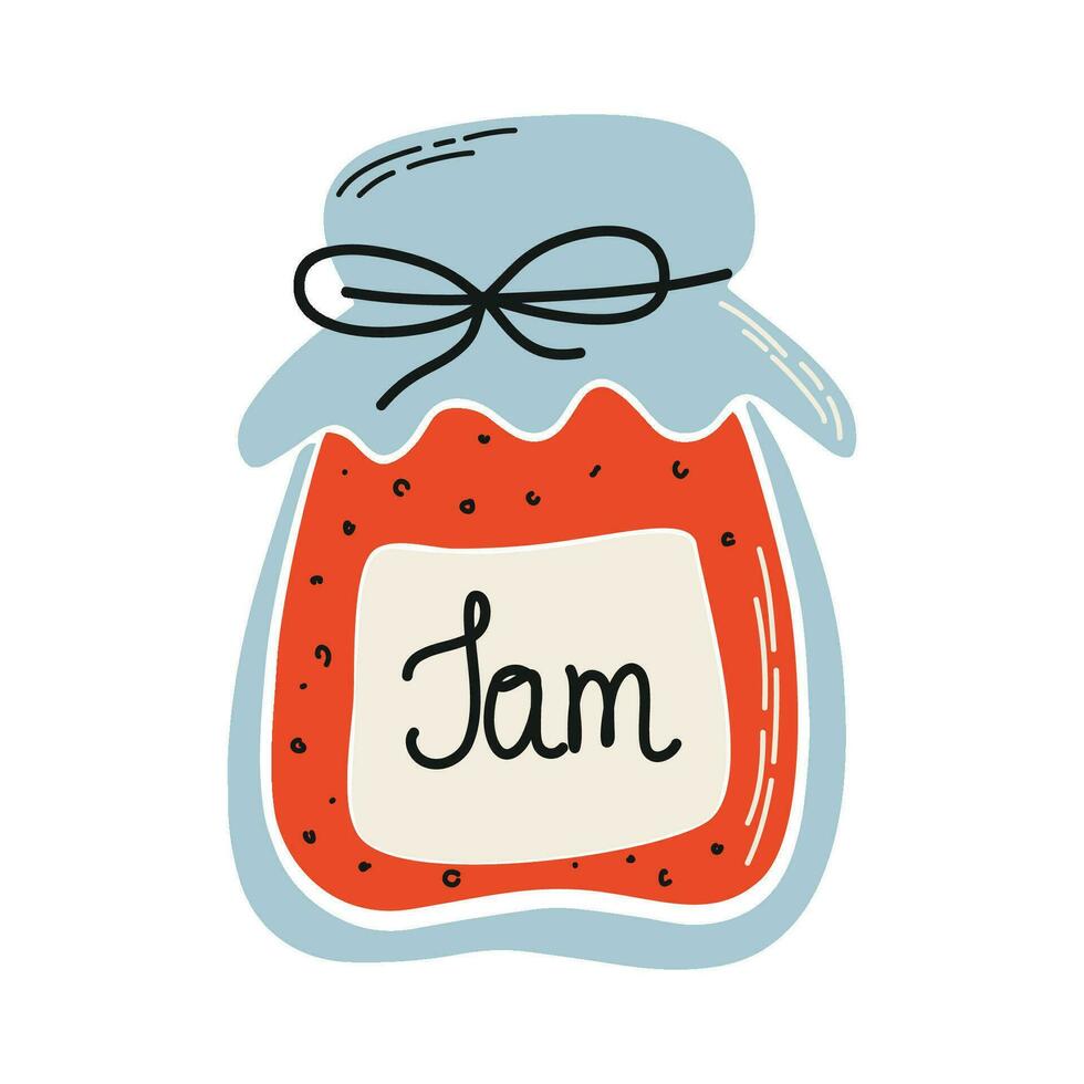 Vector illustration of jam. Jar of marmalade. Summer sweet preserve. Doodle style single object isolated on transparent background.