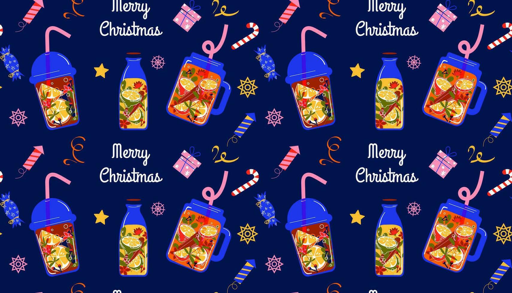 Christmas seamless pattern. Sample with winter drinks, tea with lemon and spices. Vector background in flat style. For printing on wrapping paper, textiles, wallpaper.