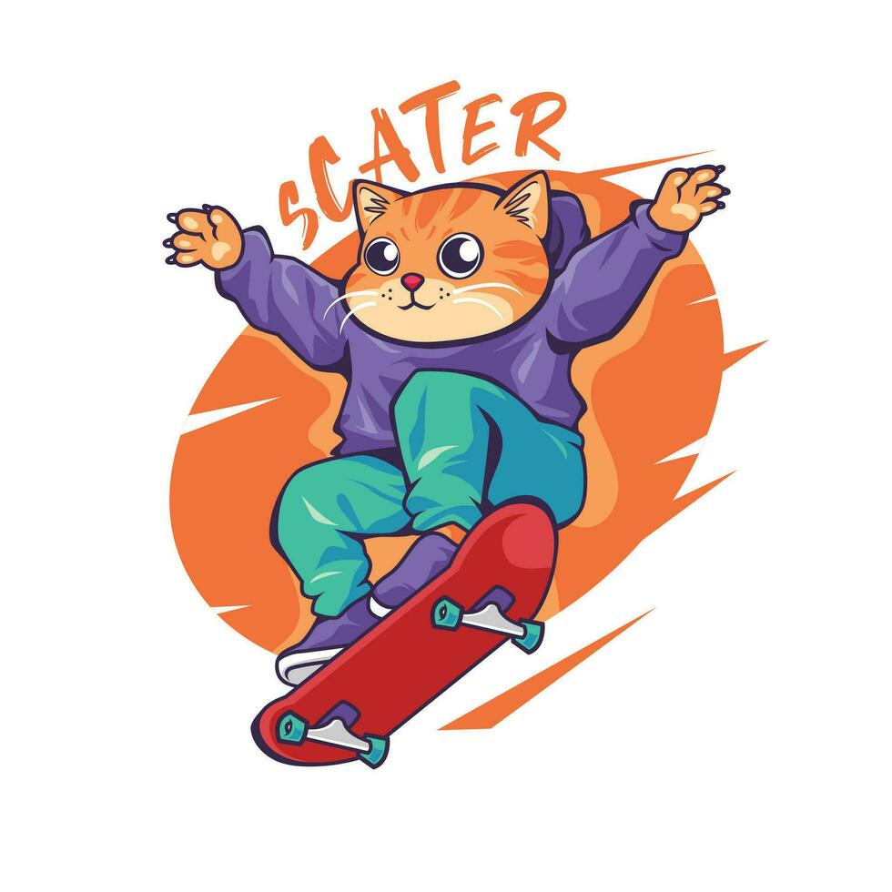 Cat skateboarding wearing modern clothes. Scater text typography. Cat in action jump. Suitable for t-shirt design, merchandise, print, stickers, digital needs, etc. Graphic vector illustration.