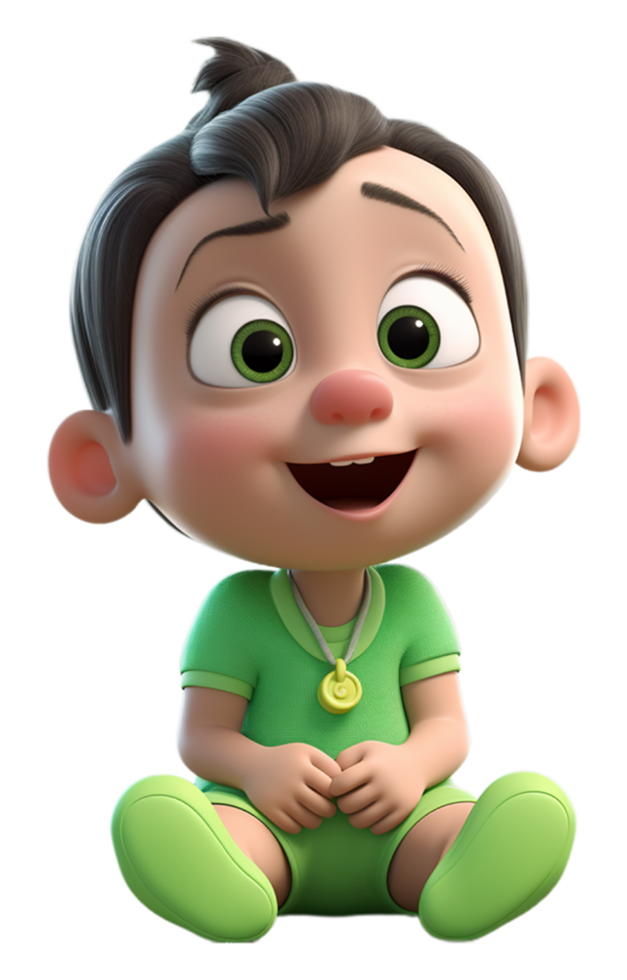 3d ilustración de linda adorable bebé personaje con riendo cara expresión. vestir verde ropa. generativo ai png