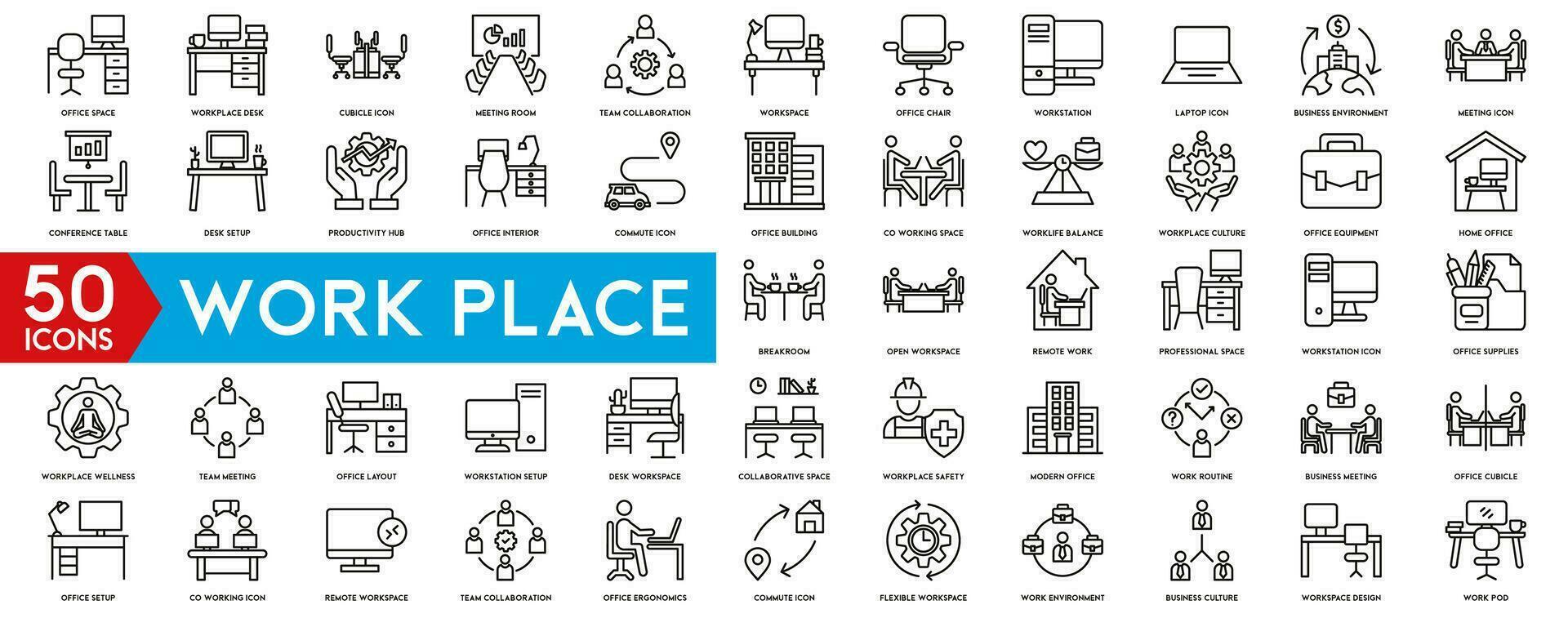 Work place icon set. Containing briefcase, desk, computer, meeting, employee, schedule and co-worker symbol. Solid workspace icons vector collection.