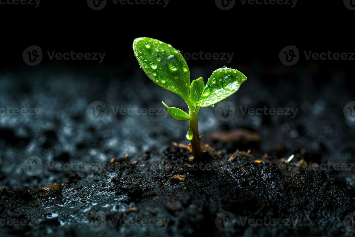 New life emerges from seed in wet spring season, a plant with water drops on it photo