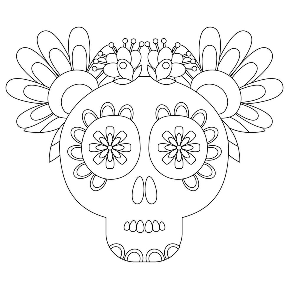 Mexican sugar skull with flowers in black outline coloring page vector