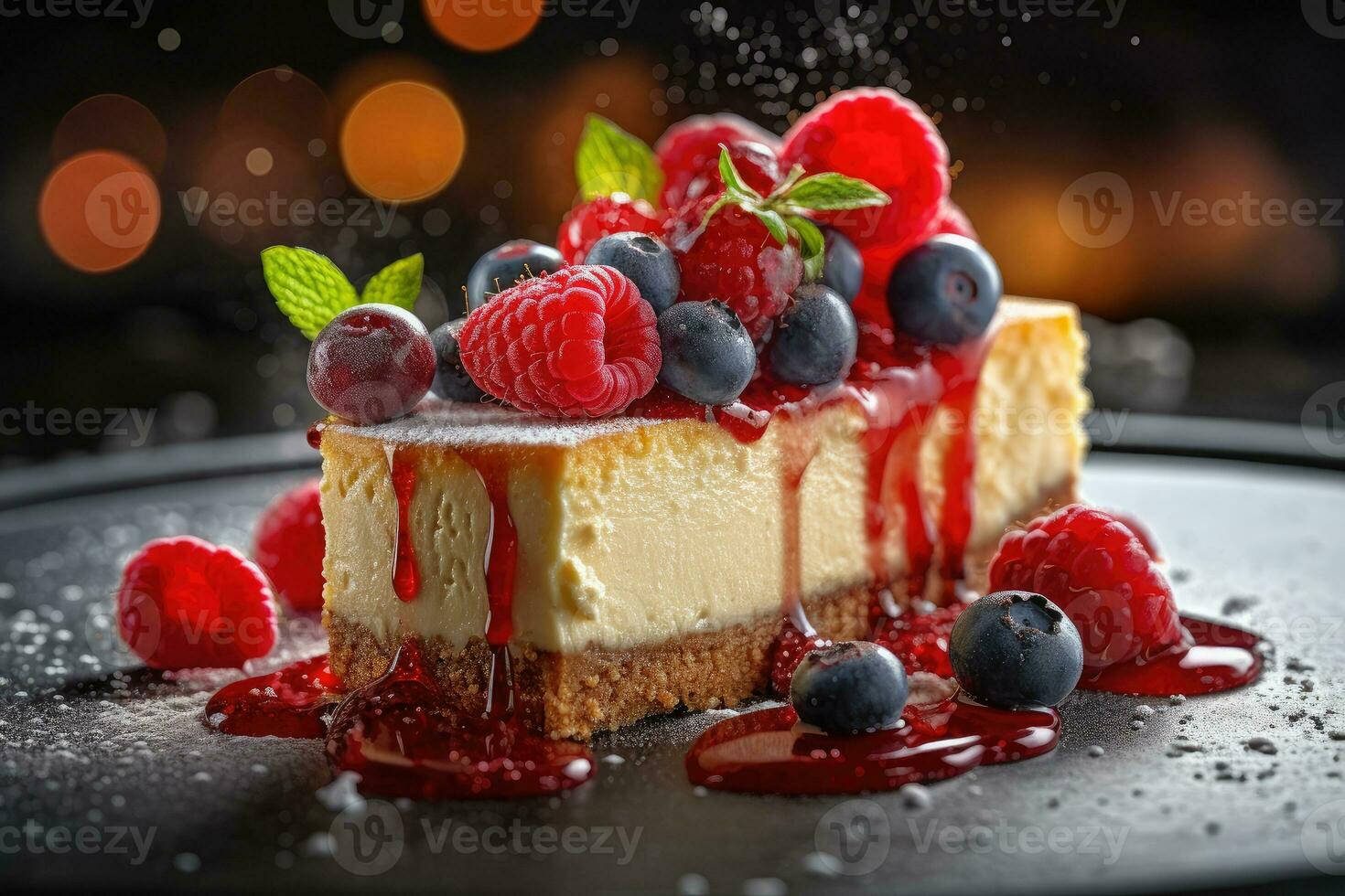 Amazing raspberry Cheese cake, dripping chocolate, Generative AI photo