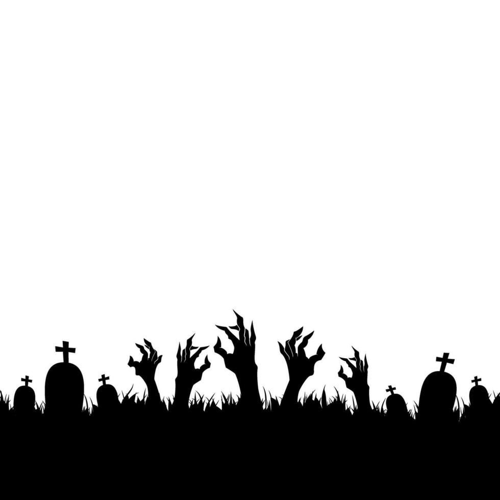 Halloween illustration with silhouettes of hands coming out of the ground and tombstones vector