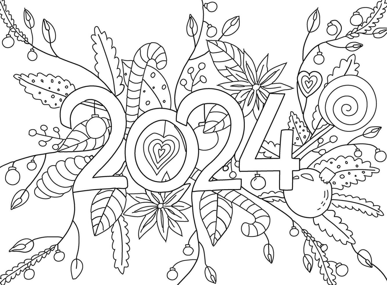 mano dibujo colorante página para niños y adultos fiesta saludo tarjeta contento nuevo año 2024. hermosa dibujo con patrones y pequeño detalles. niños colorante libro fotos. vector