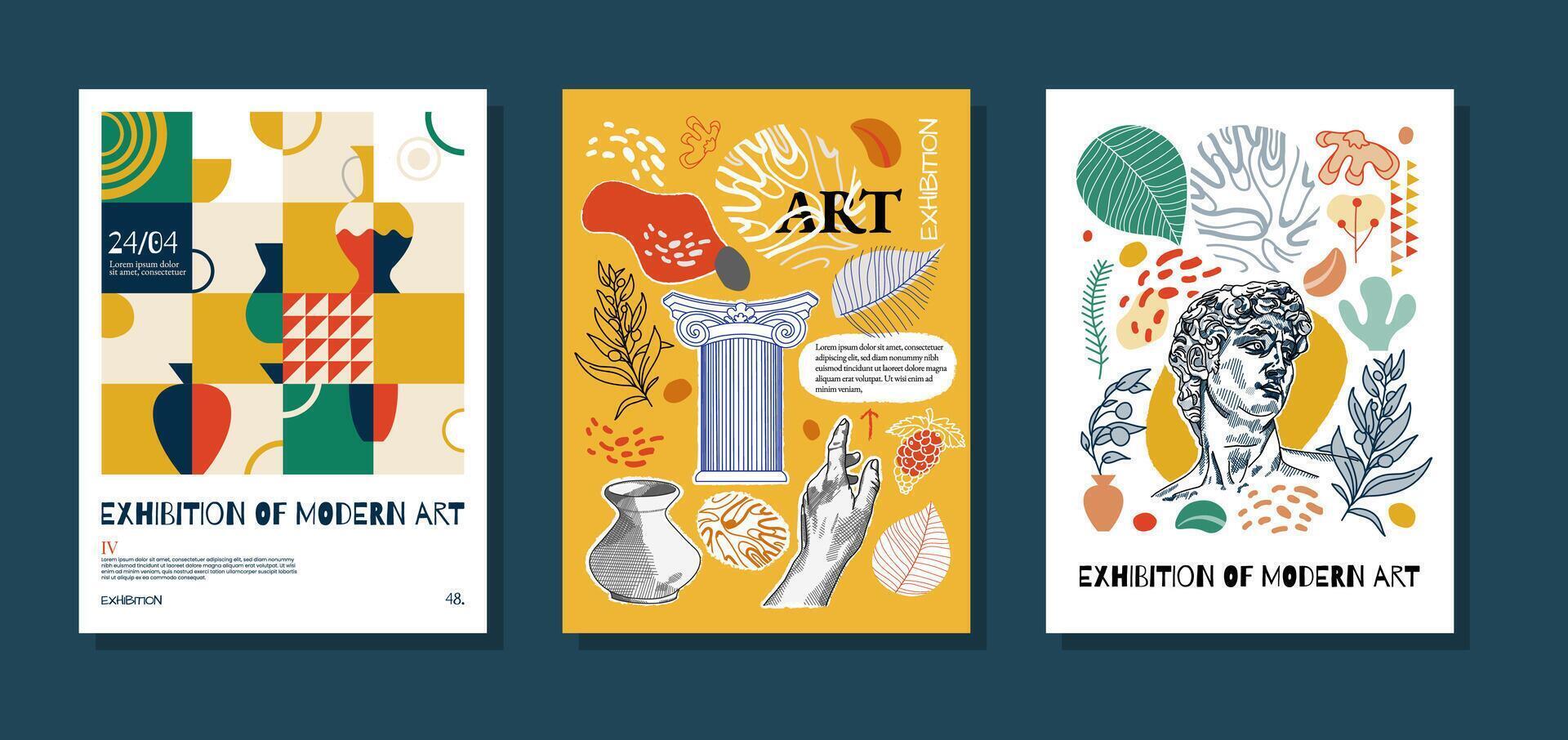 3 Art posters for the exhibition,  magazine or cover, vector template with sculpture art, Antique statues, geometric background, modern ancient Greek or Roman style. Neo Nostalgia banner collection.