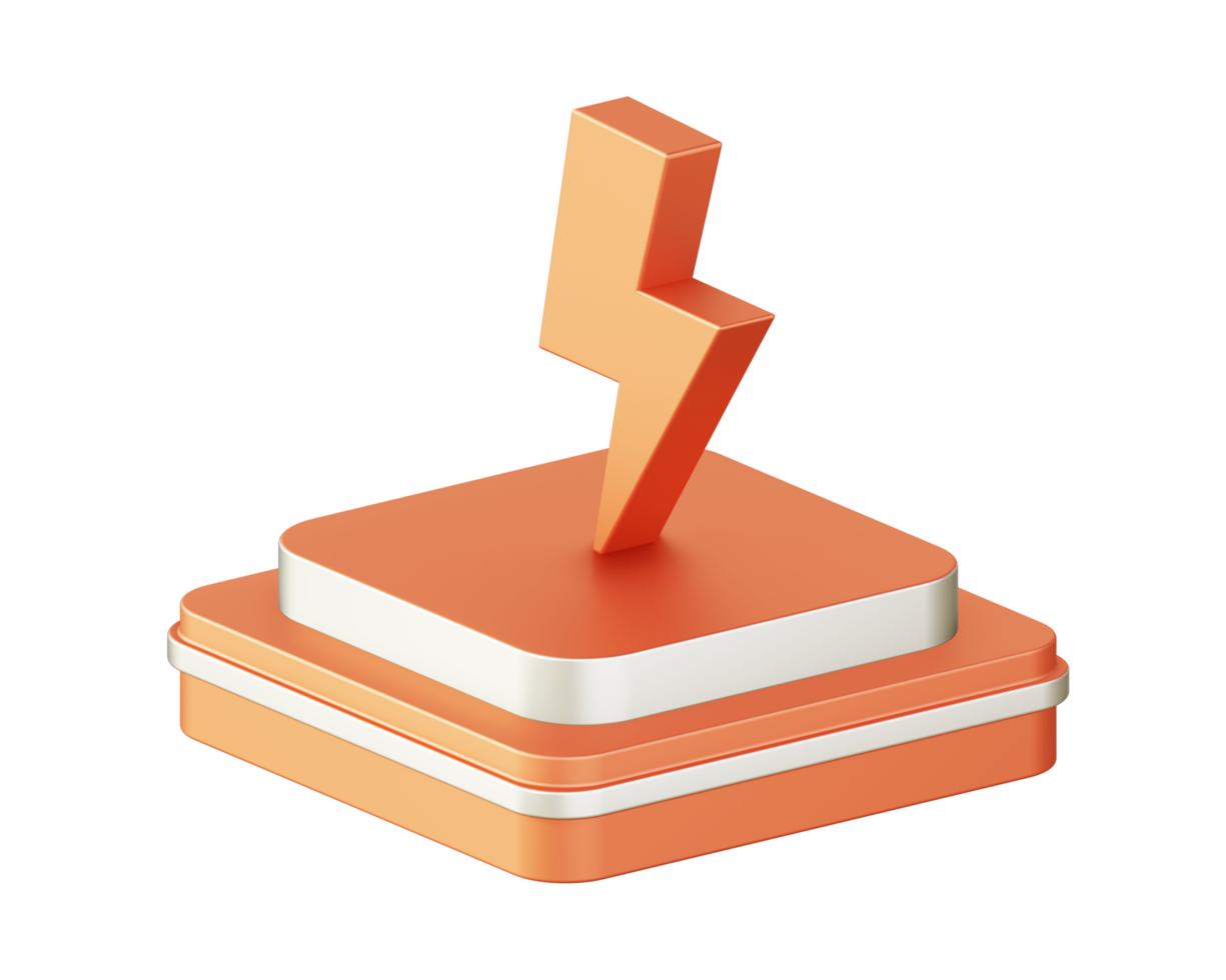 3d ilustración icono diseño de metálico naranja destello relámpago negrita con cuadrado podio png