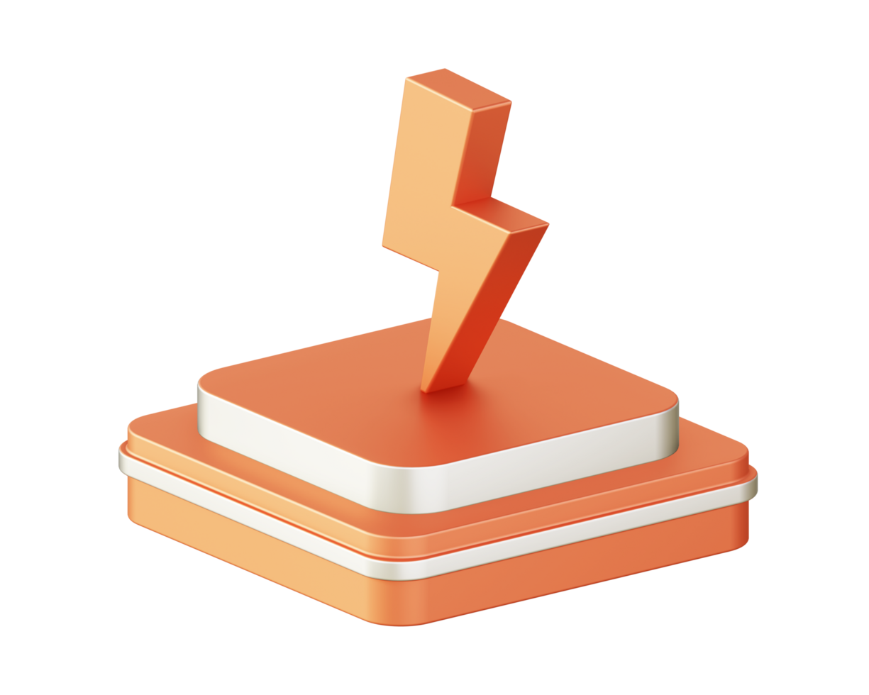 3d illustration icon design of metallic orange flash lightning bold with square podium png