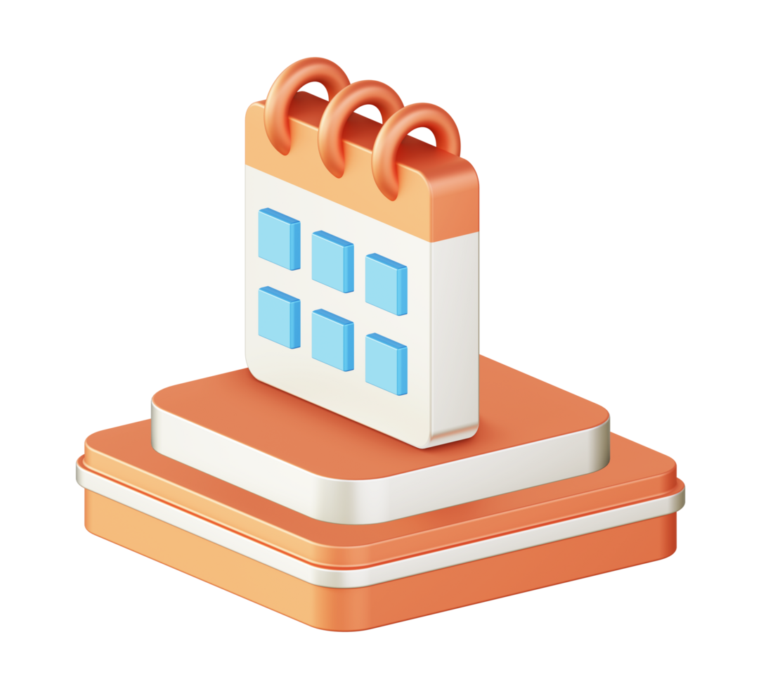 3d illustration icon design of metallic orange calendar date and time with square podium png