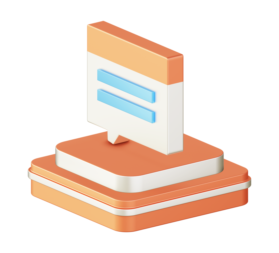 3d illustration icon design of metallic orange chatting and texting bubble with square podium png