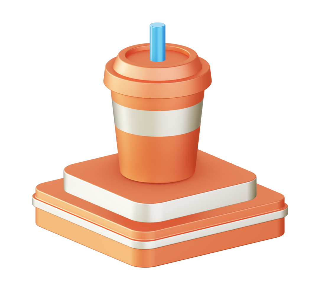 3d illustration icon design of metallic orange drink cup with square podium png