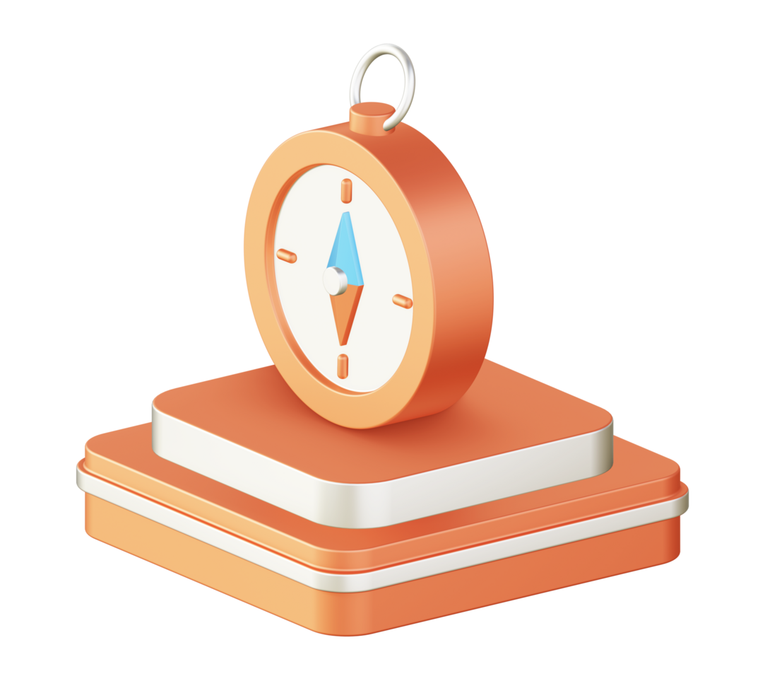 3d illustration icon design of metallic orange compass navigation with square podium png