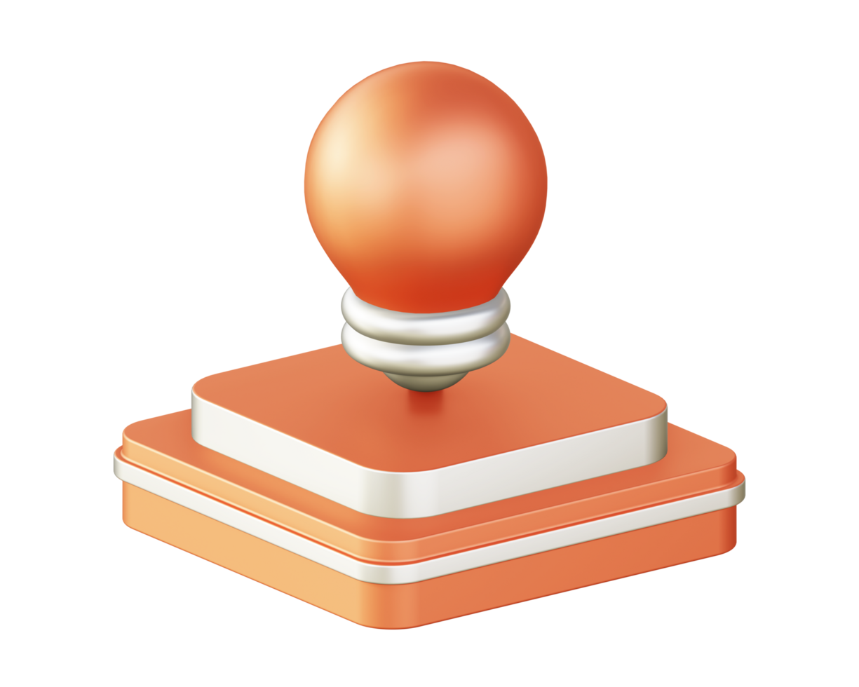 3d illustration icon design of metallic orange light bulb with square podium png