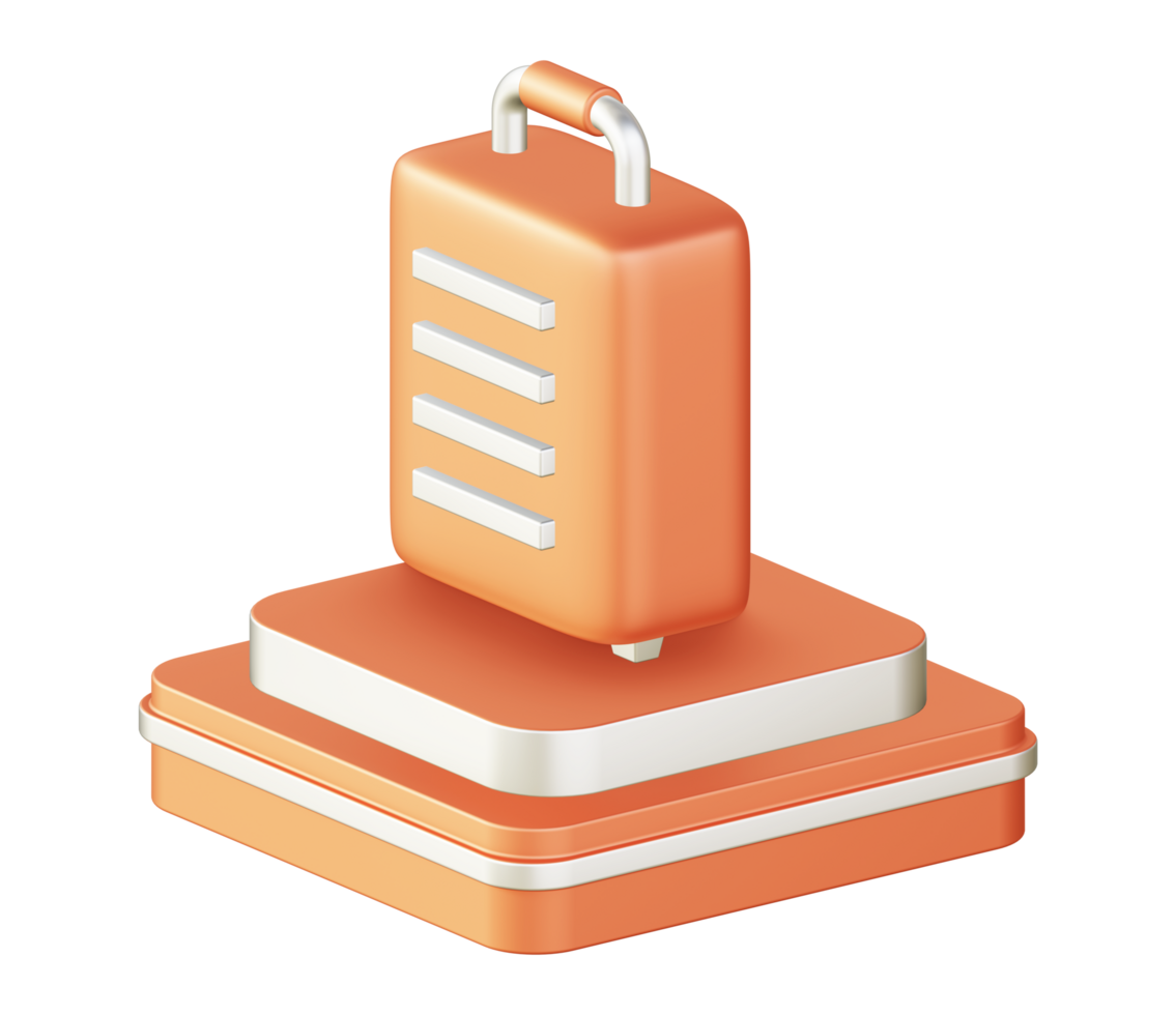 3d illustration icon design of metallic orange suitcase luggage with square podium png