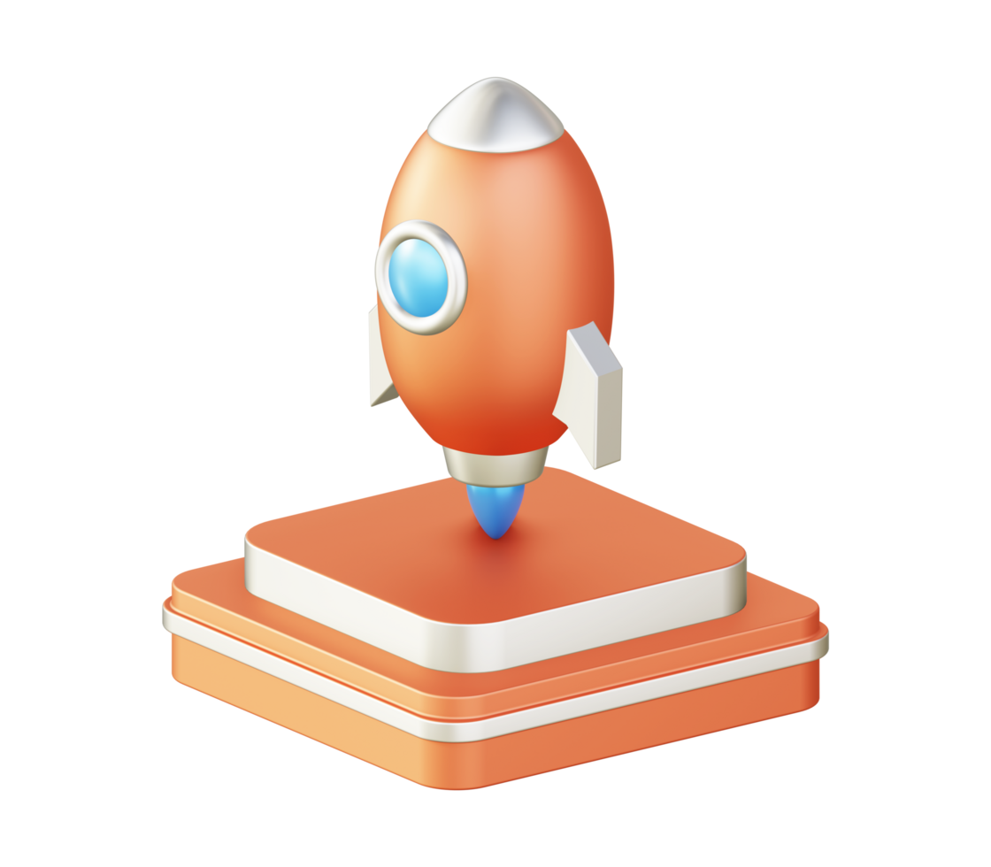 3d illustration icon design of metallic orange spaceship rocket with square podium png