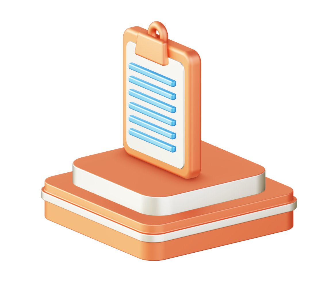 3d illustration icon design of metallic orange clipboard list form with square podium png