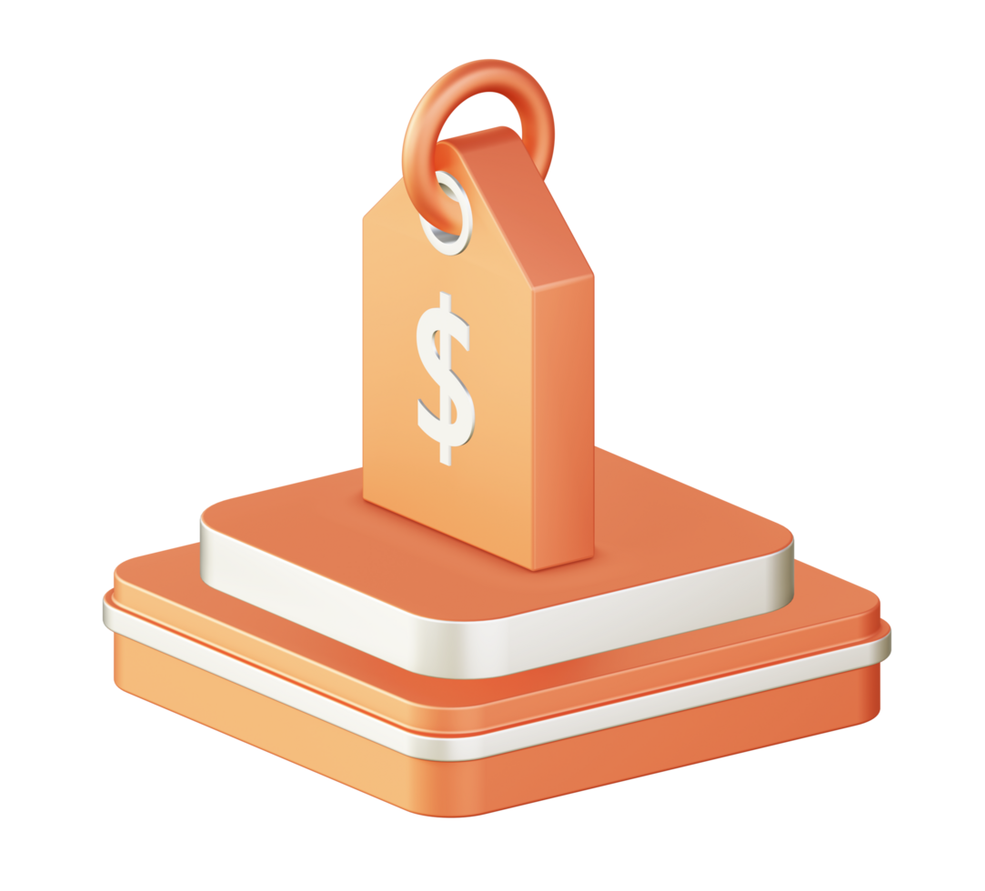 3d illustration icon design of metallic orange shopping price tag with square podium png