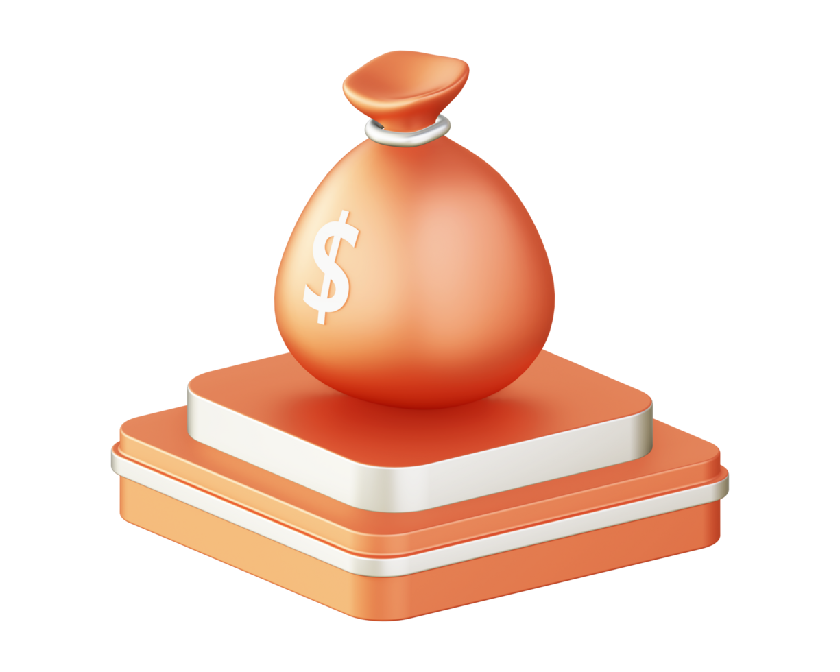 3d illustration icon design of metallic orange money bag with square podium png