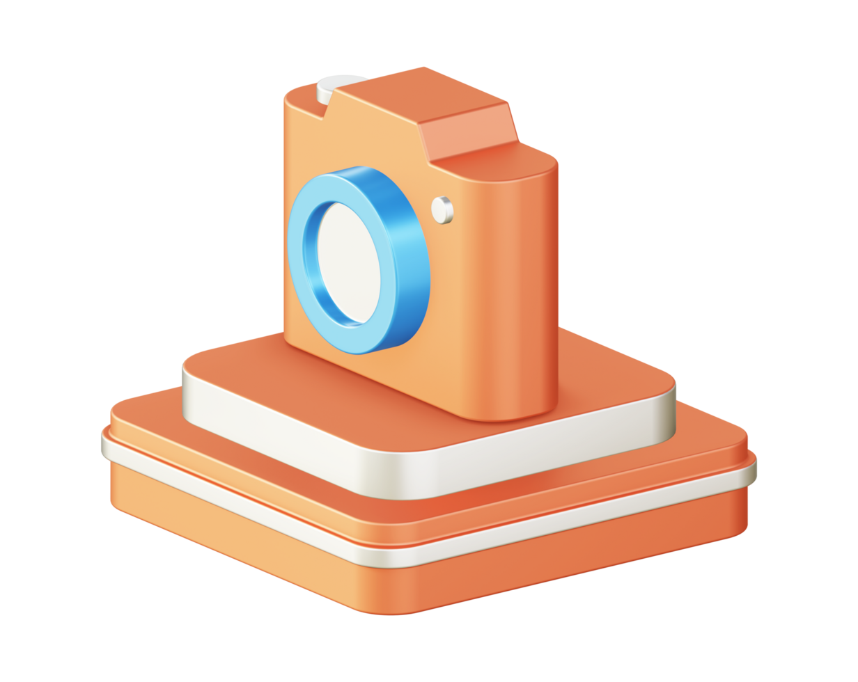 3d illustration icon design of metallic orange camera with square podium png