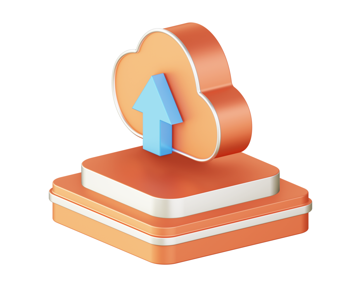 3d illustration icon design of metallic orange upload to cloud storage with square podium png