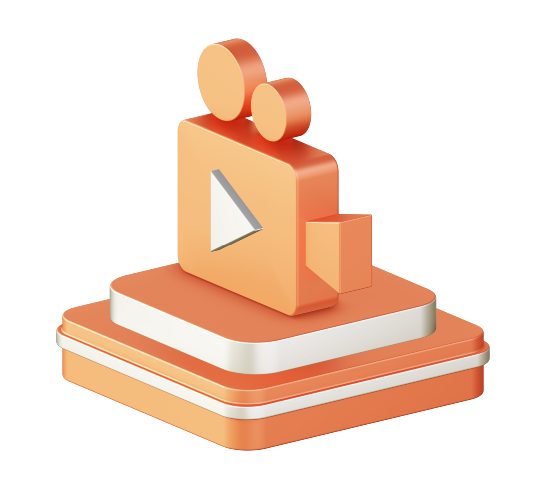 3d illustration icon design of metallic orange film video movie camera with square podium png