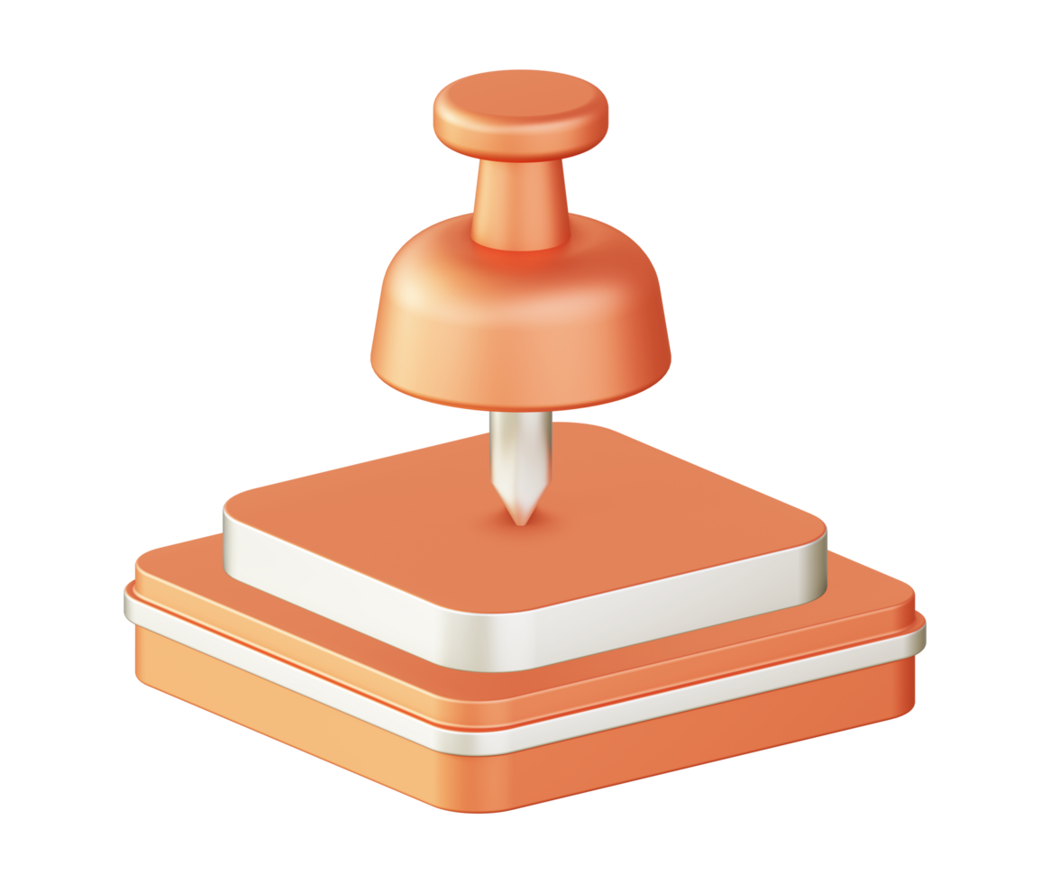 3d illustration icon design of metallic orange push pin with square podium png