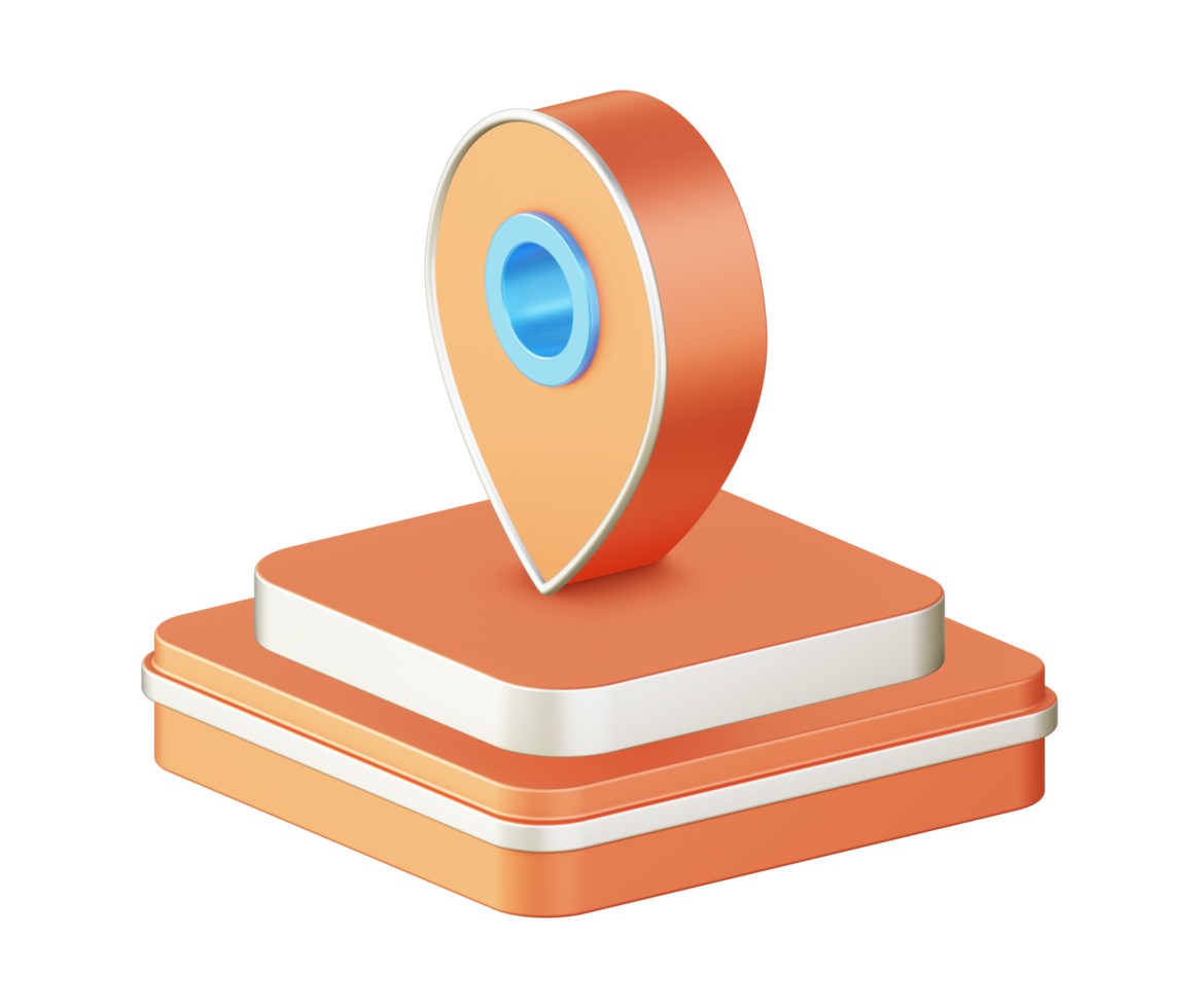 3d illustration ikon design av metallisk orange Karta pekare plats med fyrkant podium png