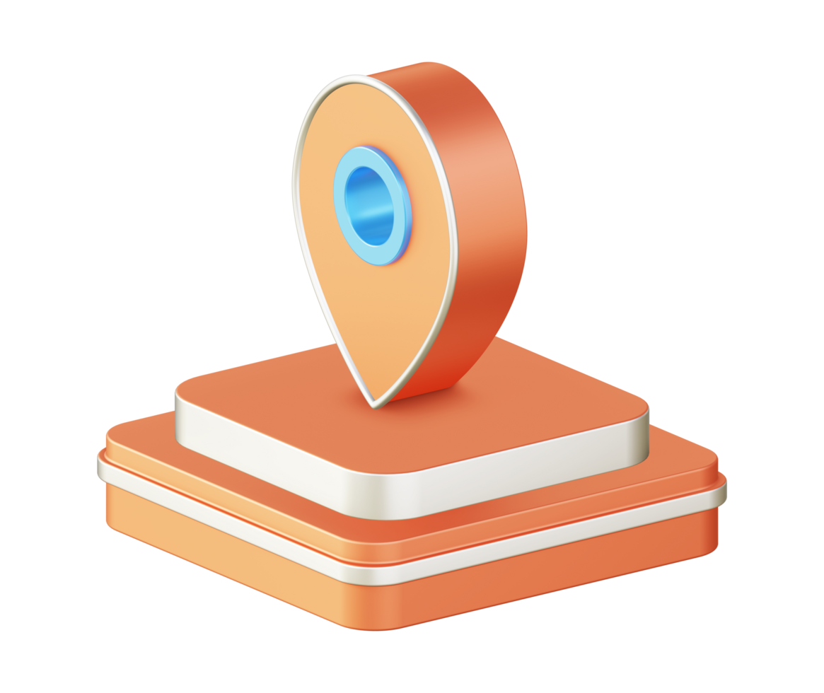3d illustration icon design of metallic orange map pointer location with square podium png