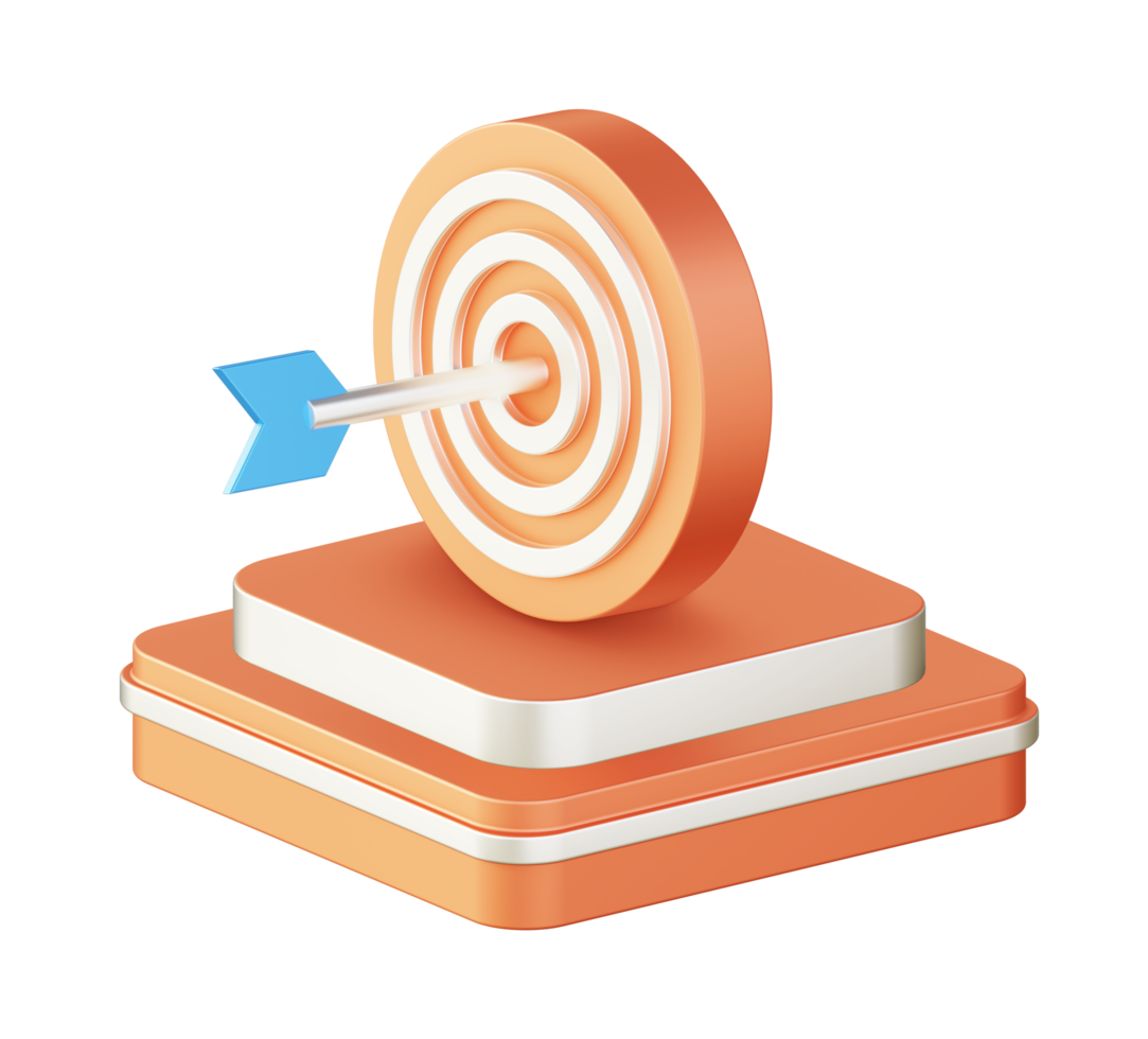 3d illustration icon design of metallic orange arrow hits target with square podium png