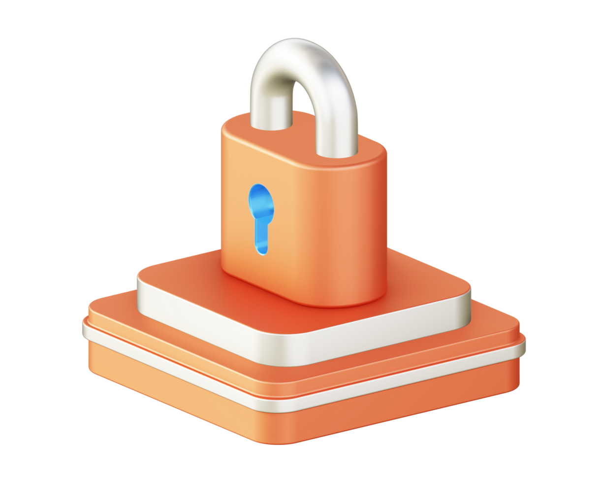 3d illustration icon design of metallic orange security padlock with square podium png