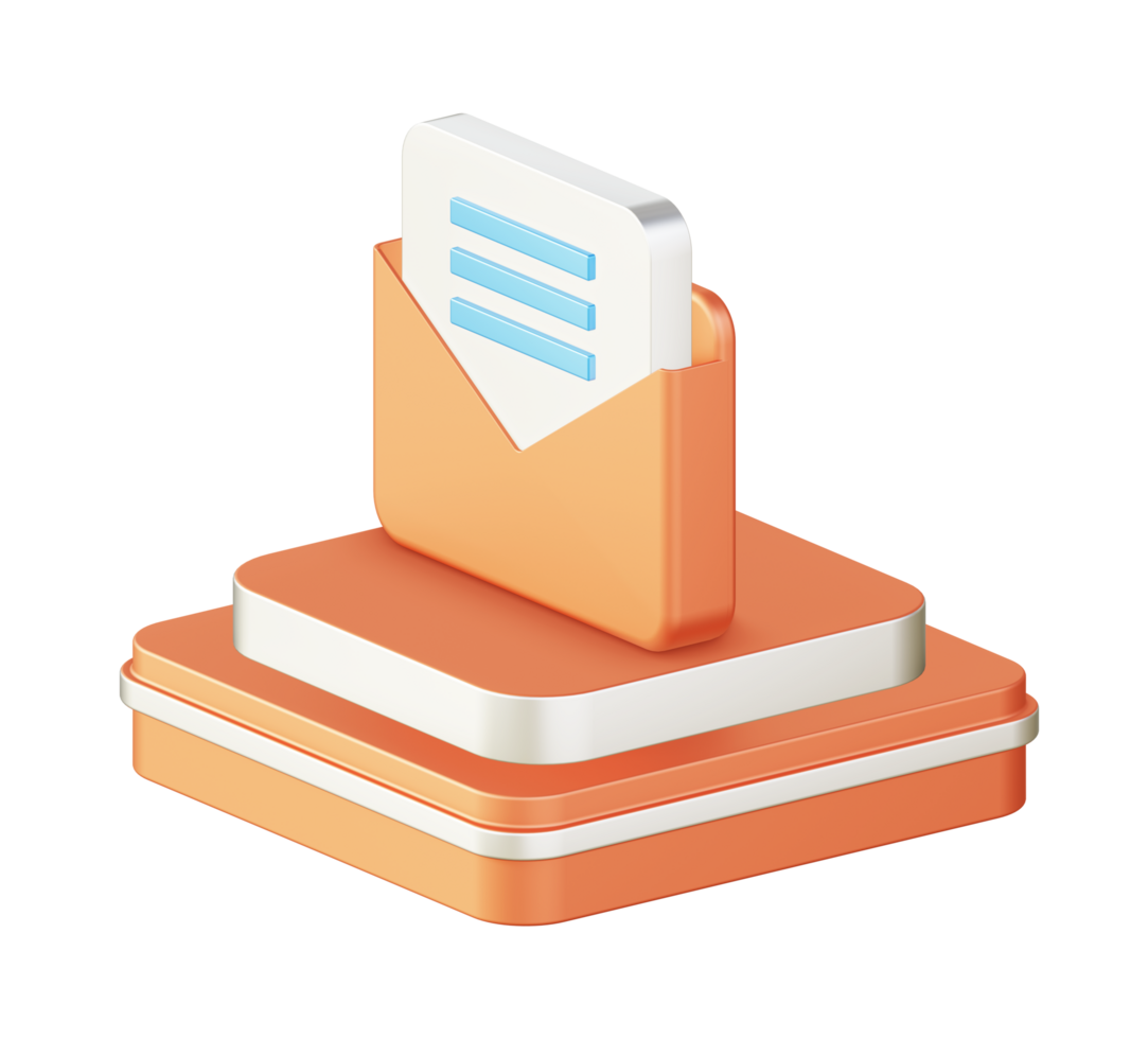 3d illustration icon design of metallic orange email inbox message with square podium png