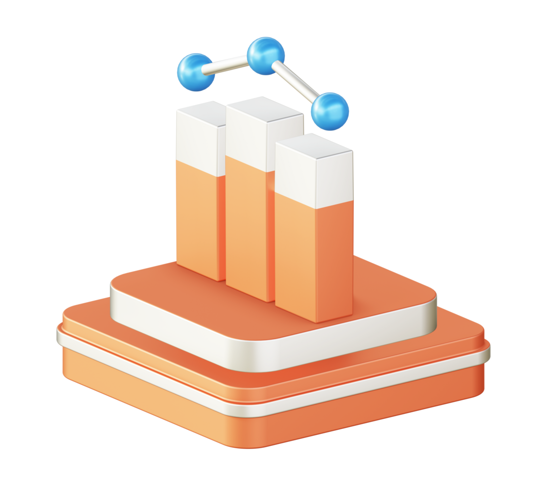 3d illustration icon design of metallic orange bar chart graph with square podium png