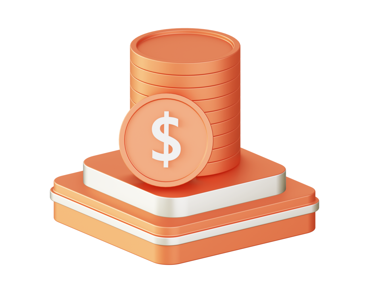 3d illustration icon design of metallic orange money and coin with square podium png