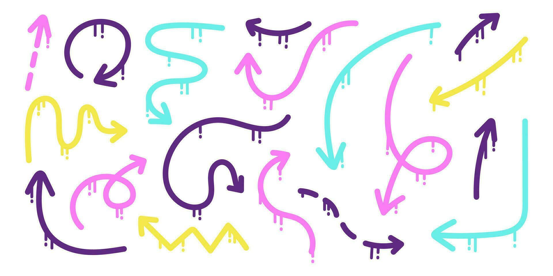 Vector set of colorful arrows made from spray paint. Graffiti spray arrows collection. Illustration of graffiti arrows with paint splashes.