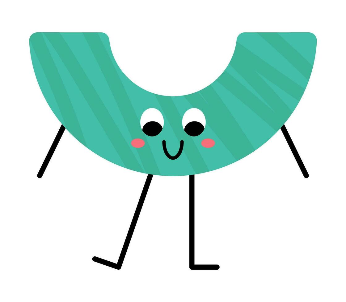 Vector green arc character. Funny geometric figure with face and blush. Illustration with arch for primary school and kindergarten. Cute funny arc shape character for childish design.