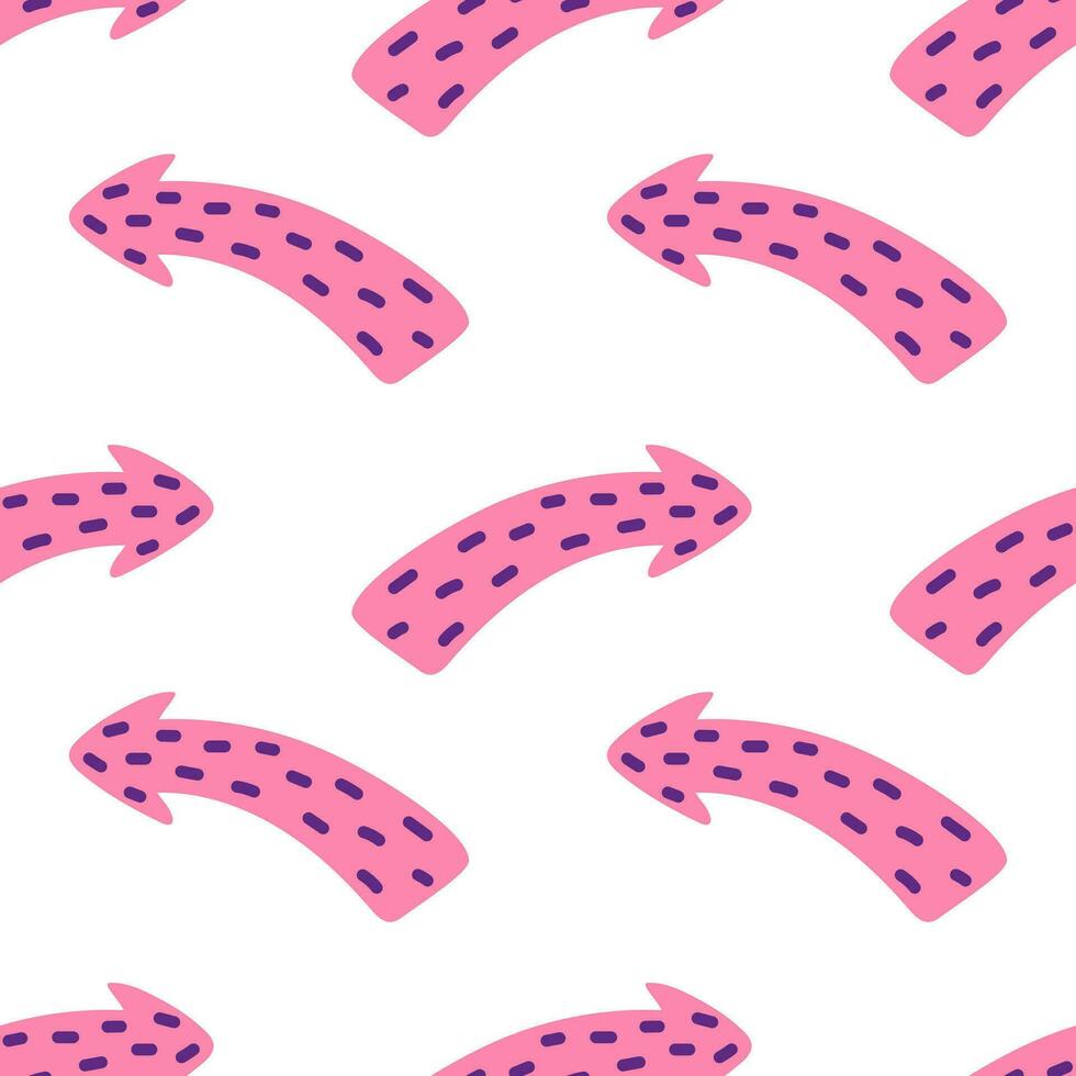 Vector seamless pattern with colorful cartoon playful pink and purple spotted arrow. Abstract dynamic arrow on white background. Trendy childish textured arrow with dots pattern. Wrapping design.